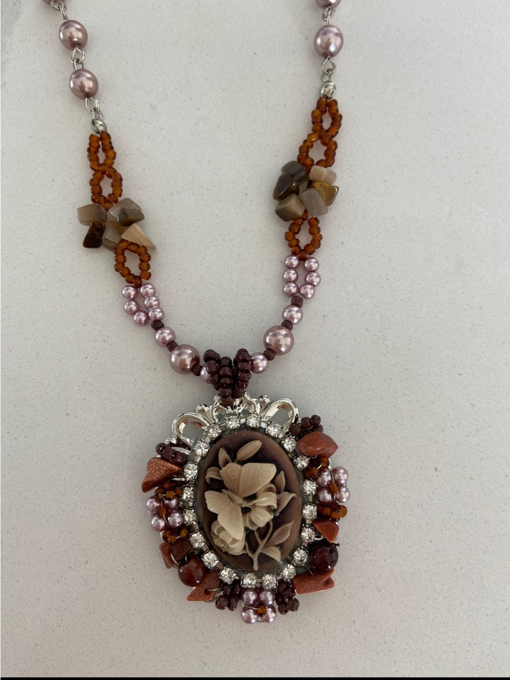 Handcrafted Brown & Cream Buttlerfy/Floral Cameo Necklace -